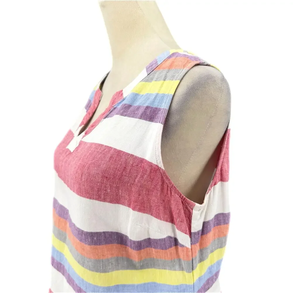 Boden White Multi Color Striped 100% Linen V-neck Sleeveless Shift Summer Dress